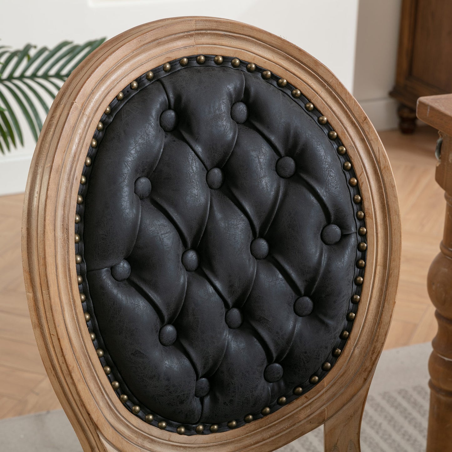 French Style Solid Wood Frame Dining Chairs Set of 2 with PU Leather, Nailhead Trim, Rubberwood, Black