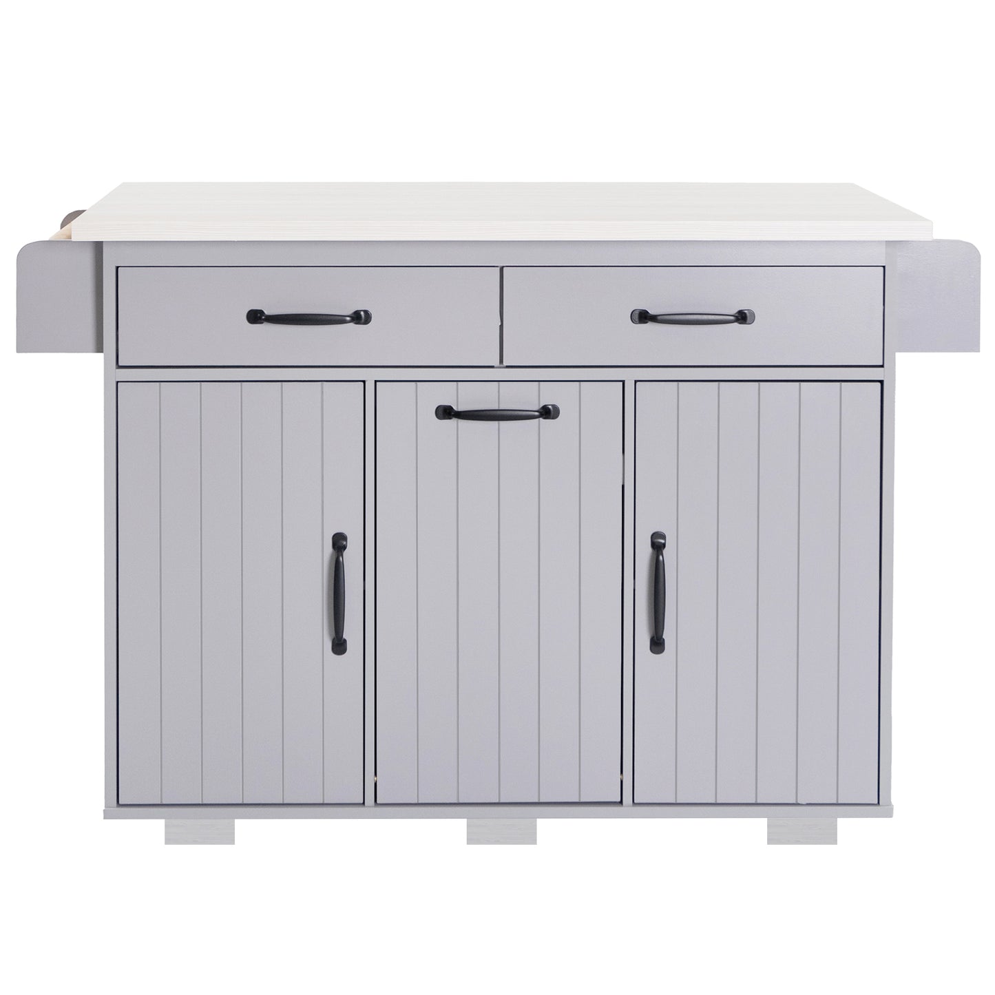 Grey Rolling Kitchen Island with Drop Leaf and Trash Can Storage, Spice Rack, Towel Rack, and Adjustable Shelves