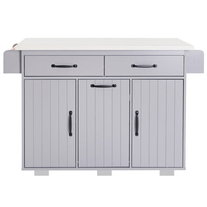Grey Rolling Kitchen Island with Drop Leaf and Trash Can Storage, Spice Rack, Towel Rack, and Adjustable Shelves