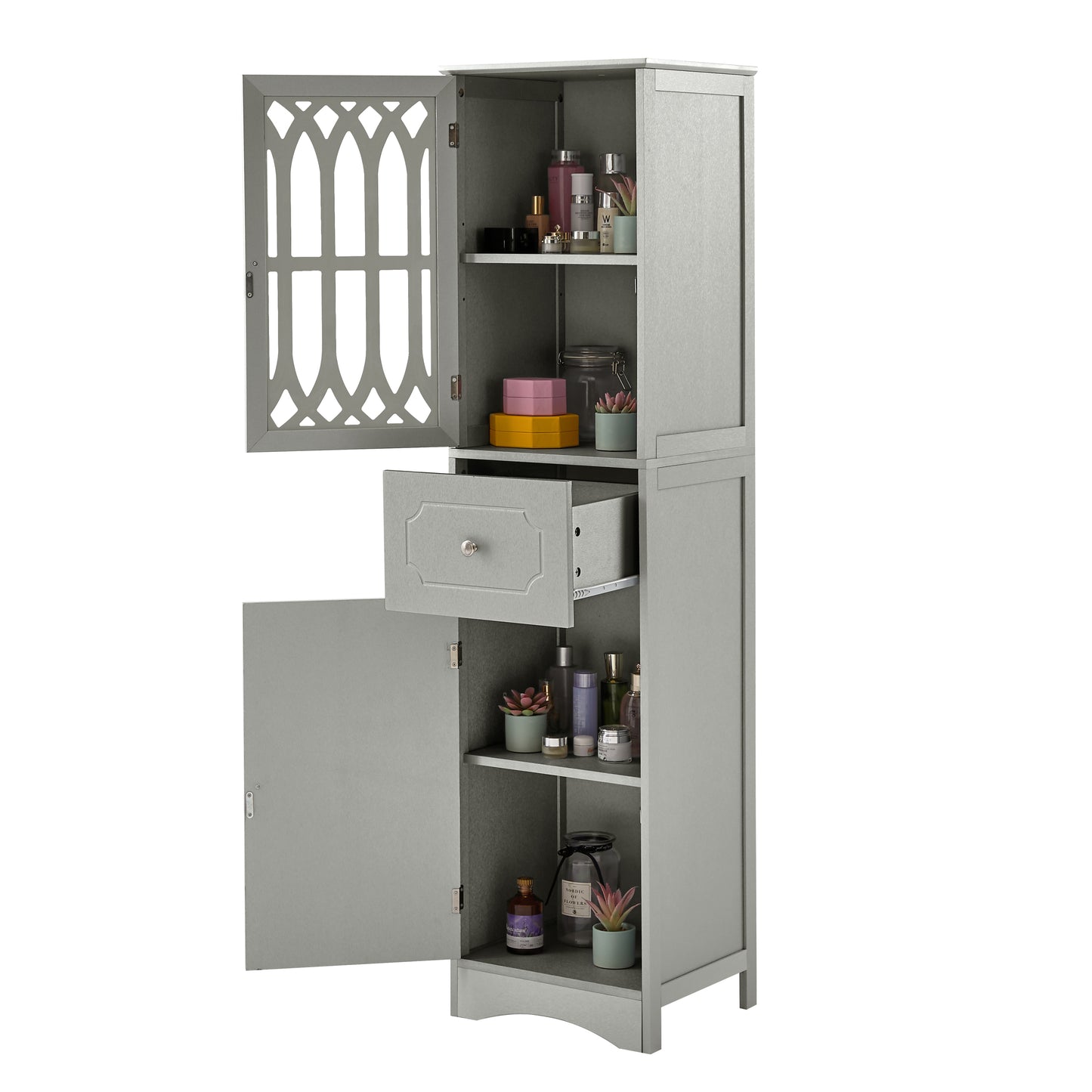 Sleek Grey Freestanding Bathroom Storage Cabinet with Adjustable Shelves and Acrylic Doors