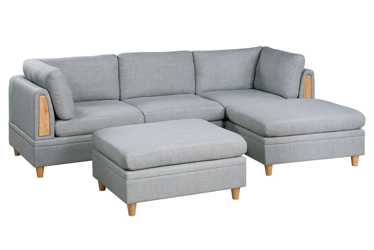 5-Piece Modular Sofa Set: 2 Corner Wedges, 1 Armless Chair, 2 Ottomans | Modern Fabric, Wood Legs Grey