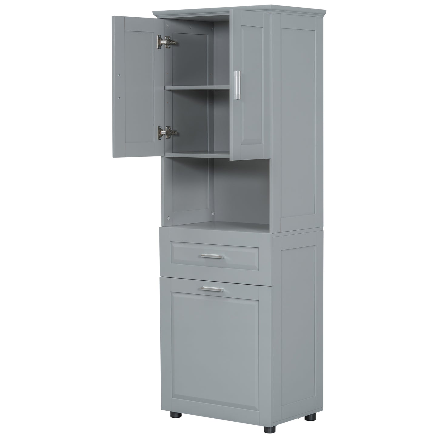 Tall Grey Storage Cabinet with Removable Laundry Hamper, Multi-Functional Upper Shelves and Cabinet Doors
