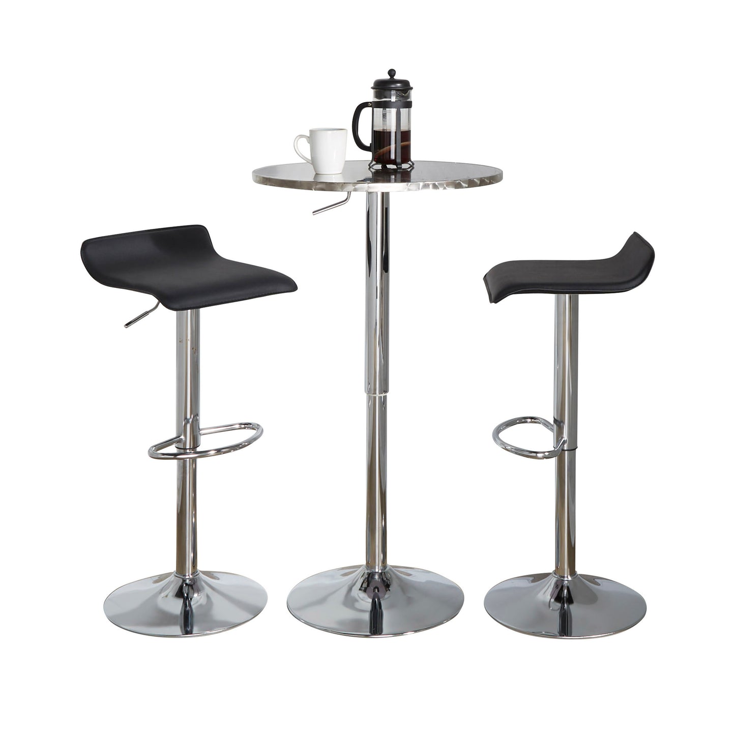 Contemporary Adjustable 3-Piece Bistro Bar Set with Round Table and Stools, Metal Frame, PVC, Black