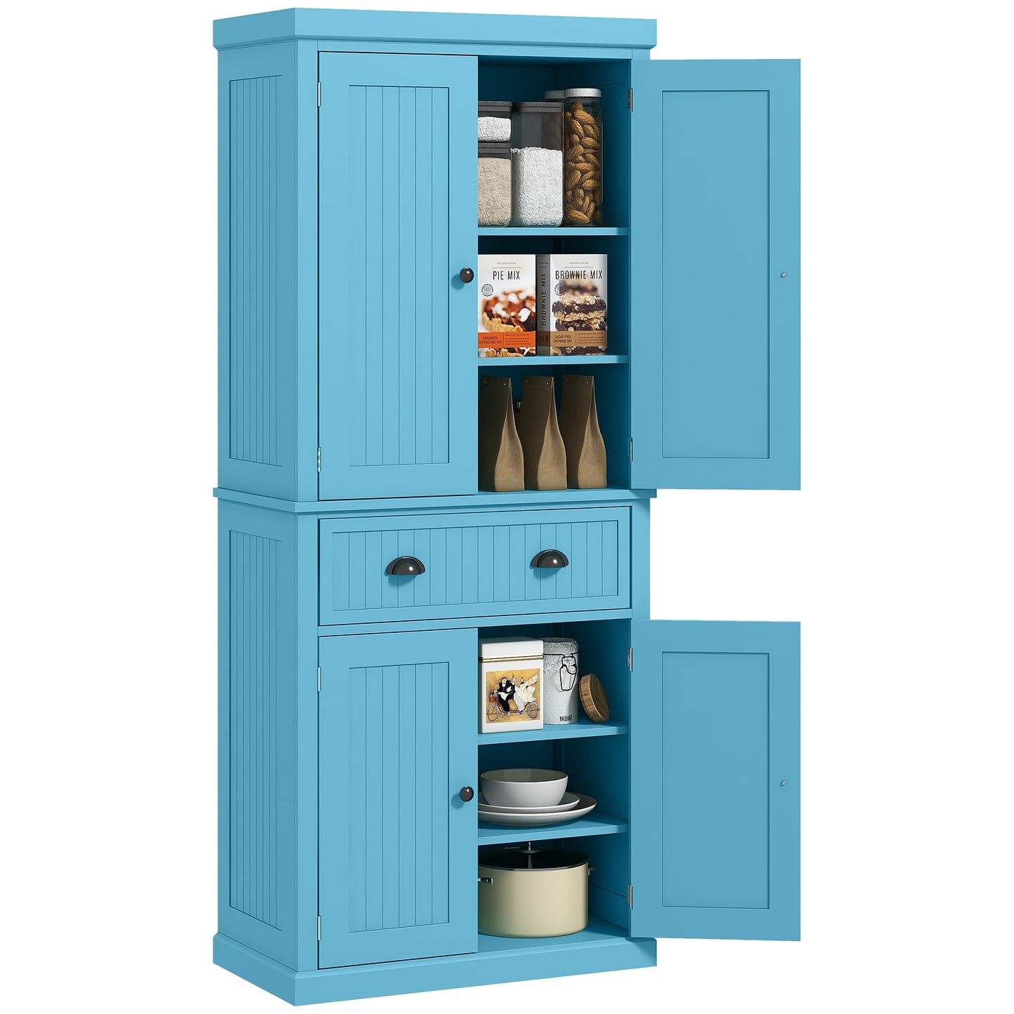 Light Blue Freestanding 72" Kitchen Pantry Cabinet with Adjustable Shelves and Traditional Design