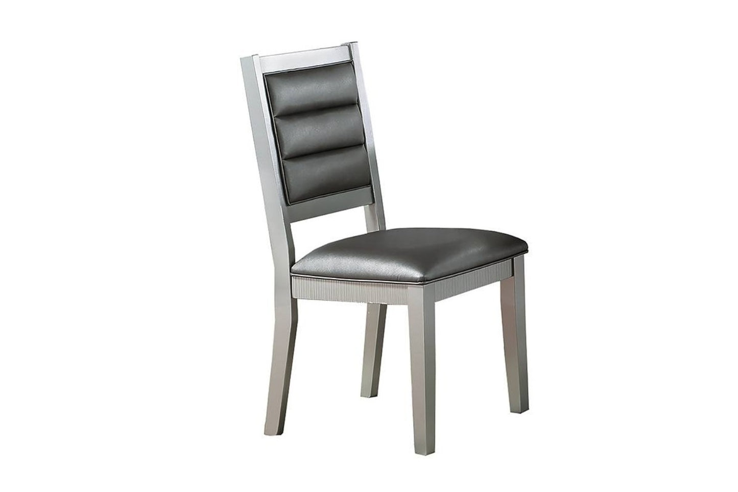 Set of 2 Faux Leather Dining Chairs, Cushioned Seats, Tufted Back, Rubberwood Frame, 18x23x39 in Silver