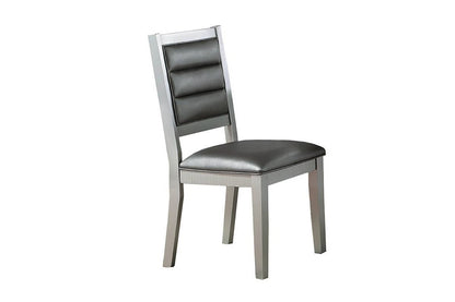 Set of 2 Faux Leather Dining Chairs, Cushioned Seats, Tufted Back, Rubberwood Frame, 18x23x39 in Silver