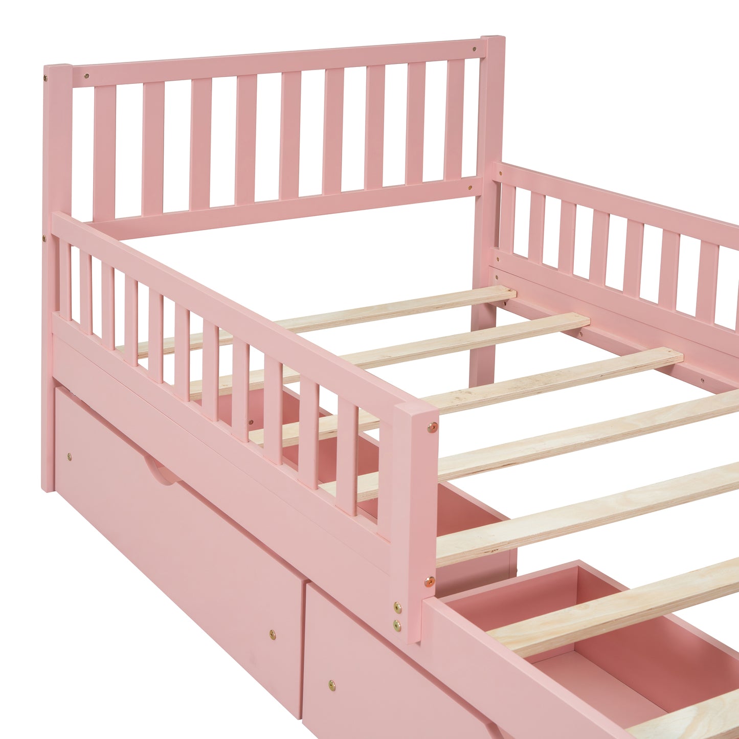 Twin Size Pink Wooden Platform Bed with Safety Guardrails and Dual Storage Drawers