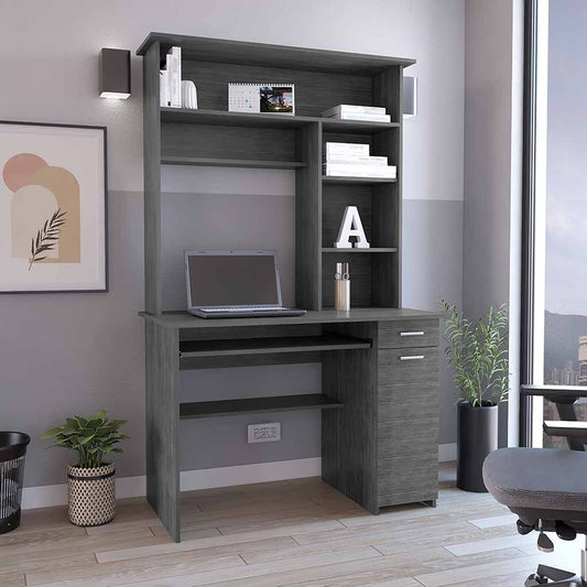 Smokey Oak Compu Hutch Desk with Keyboard Tray, CPU Door Panel, Shelves, and Drawer