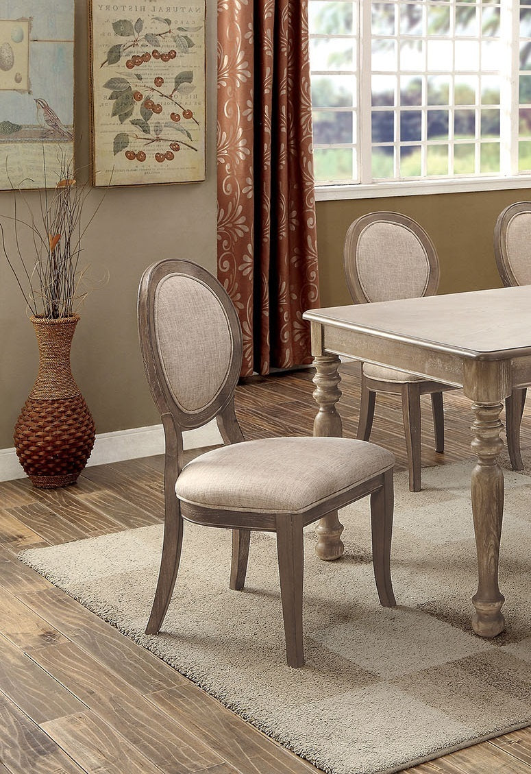 Set of 2 Transitional Dining Room Side Chairs with Padded Linen Seats, Solid Wood Frame, 21W x 25.5D x 37.75H, Rustic Oak/Gray, Kitchen & Dining Beige