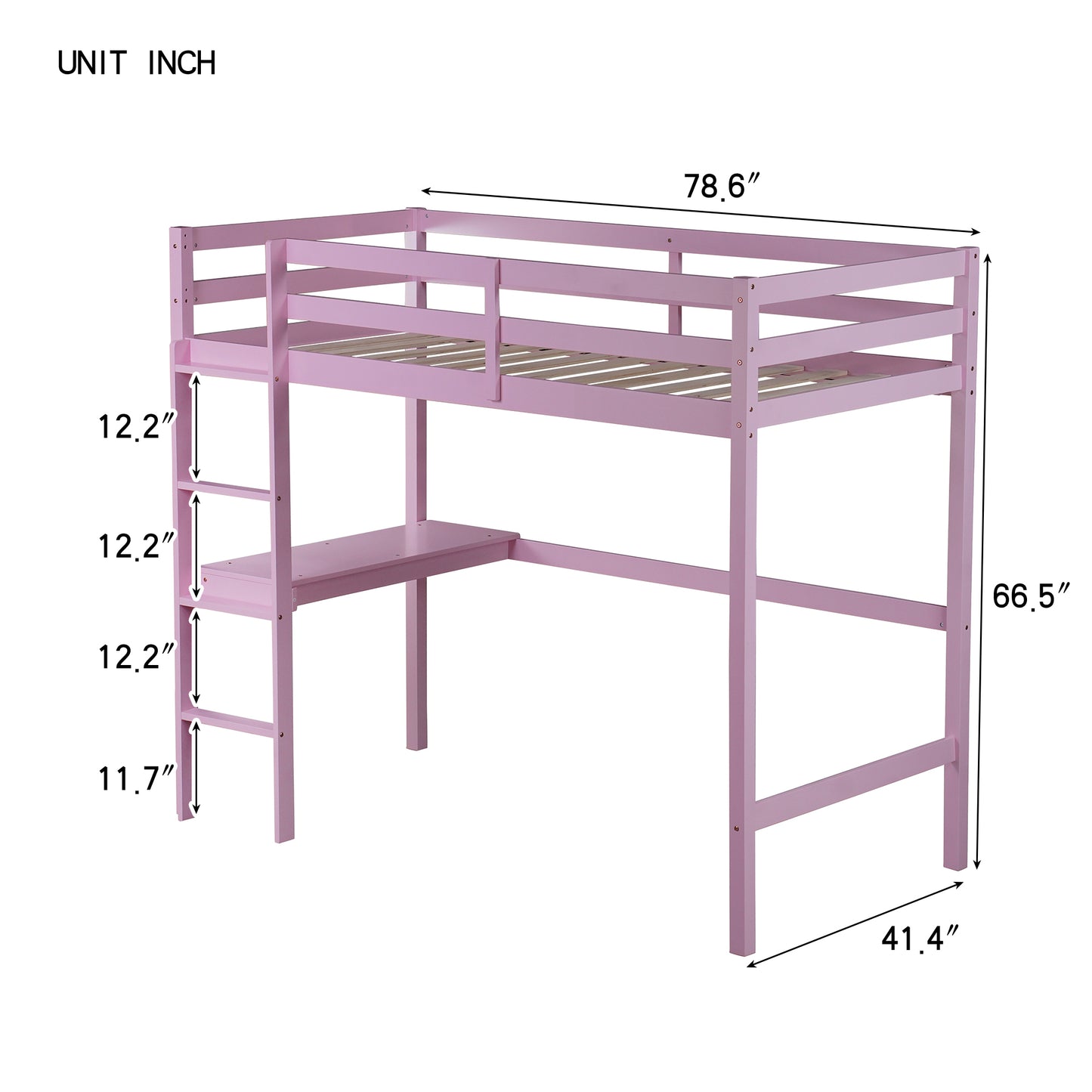 Pink Twin High Loft Bed with Built-in Desk and Safety Guardrails - Rubber Wood Design