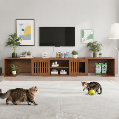 Extendable TV Stand 54.3-80 in, Cat House & Litter Box Enclosure, Sliding Doors, TV Console Walnut