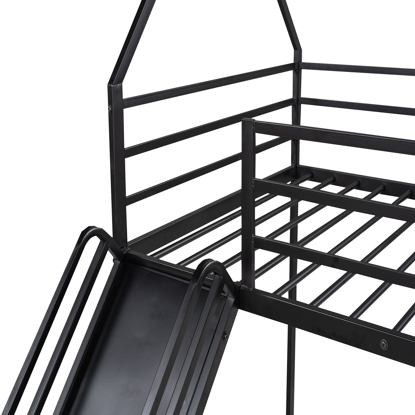 Twin House Bunk Bed with Slide and Ladder in Black for Kids