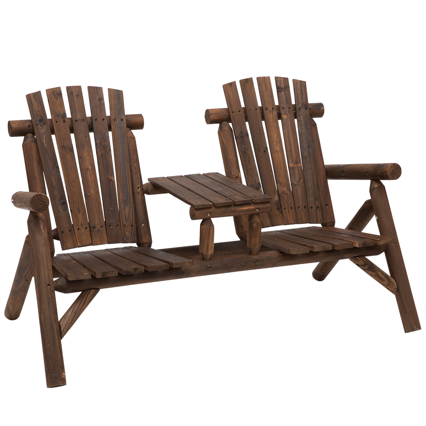 Two Seat Wooden Adirondack Patio Bench With Table Outdoor Loveseat Fire Pit Chair For Porch Yard Deck Carbonized Brown