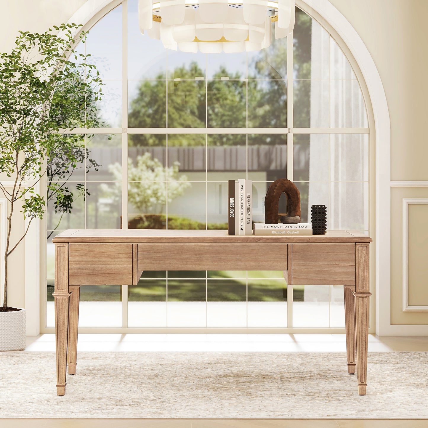 Elegant 55" Solid Wood Executive Desk with 3 Soft-Close Drawers in Natural Brown Finish