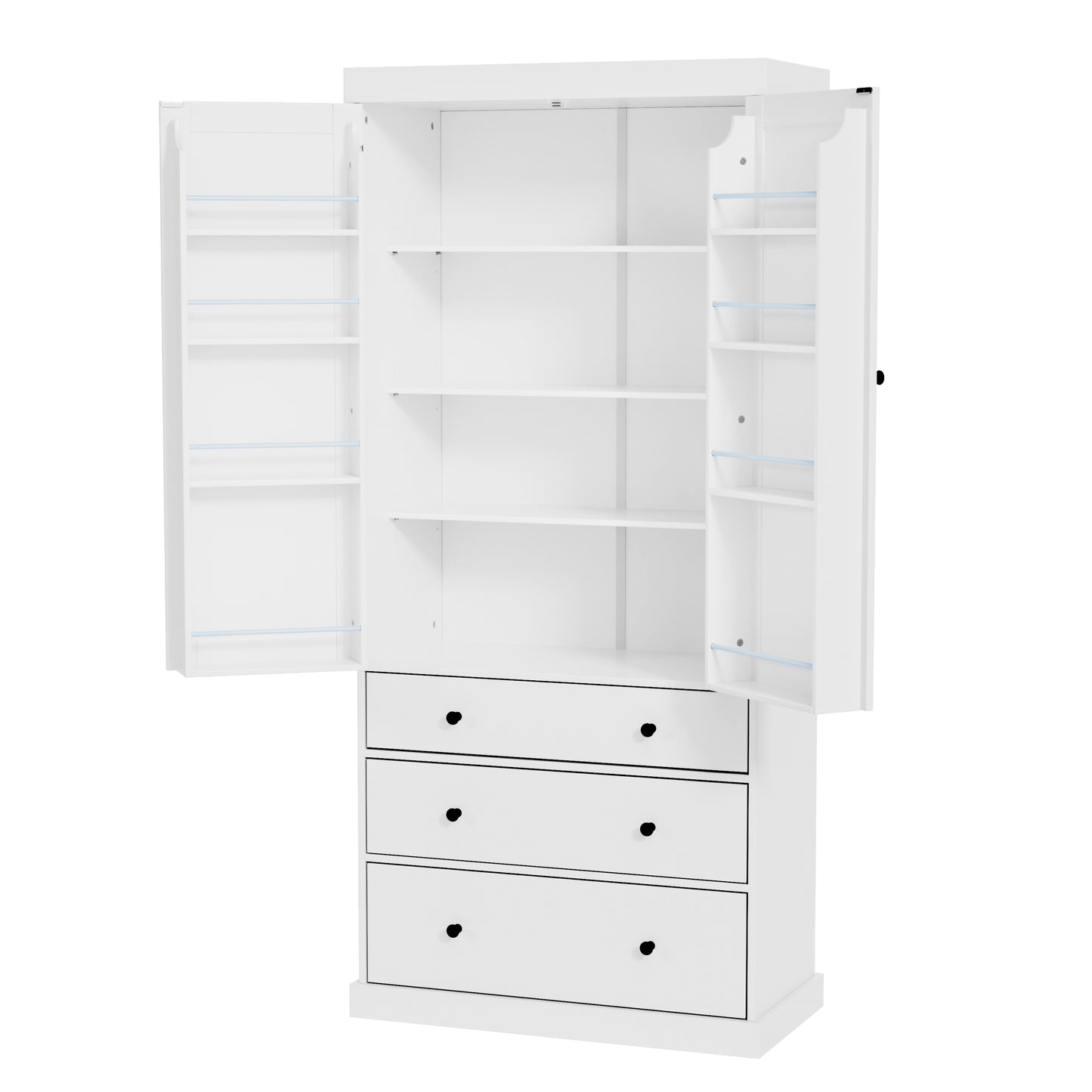 Tall White Farmhouse Kitchen Pantry - 77" Freestanding Storage Cabinet with Adjustable Shelves, Door Shelves, and Drawers
