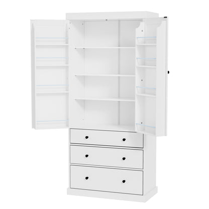 Tall White Farmhouse Kitchen Pantry - 77" Freestanding Storage Cabinet with Adjustable Shelves, Door Shelves, and Drawers