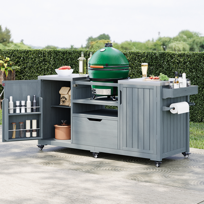 66.5 Inch Outdoor Kitchen Island Cart With Stainless Steel Top For Kamado Grills, Solid Wood Frame, Storage Grey Blue