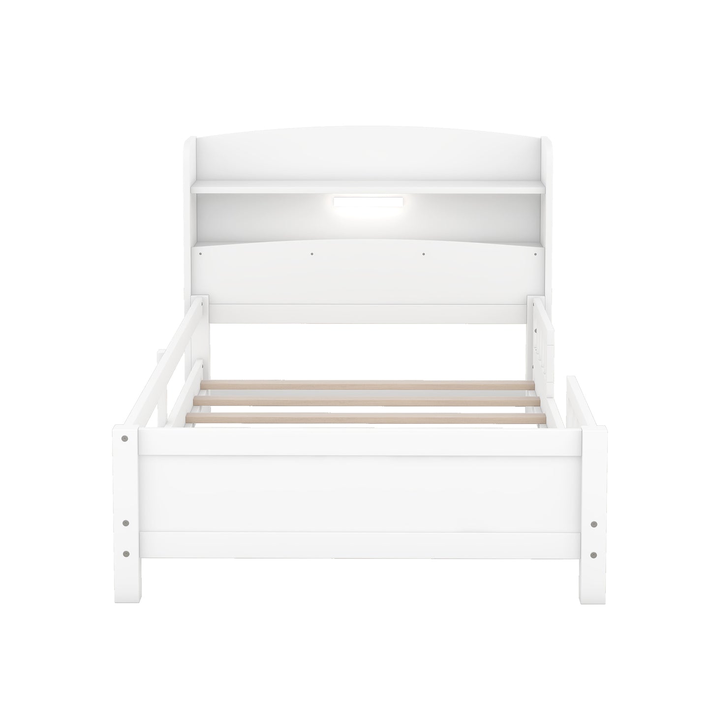 Elegant White Twin Platform Bed with LED Light, Storage Headboard, and Safety Guardrails