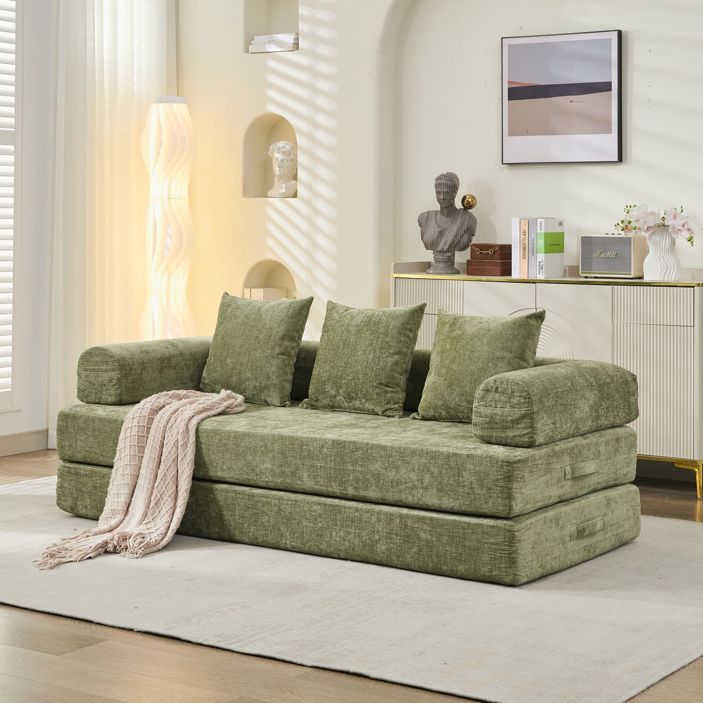 Convertible Sofa Bed with Armrests, 78.8 in L x 37 in W, Chenille Floor Sofa, Space-Saving Lounge, Green