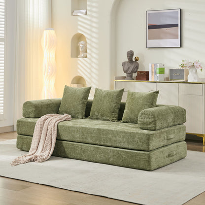 Convertible Sofa Bed with Armrests, 78.8 in L x 37 in W, Chenille Floor Sofa, Space-Saving Lounge, Green