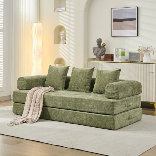Convertible Sofa Bed with Armrests, 78.8 in L x 37 in W, Chenille Floor Sofa, Space-Saving Lounge, Green