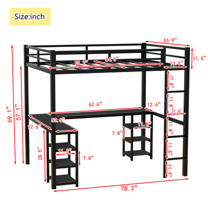 Stylish Black Metal Loft Bed with Integrated Desk and Storage Shelves