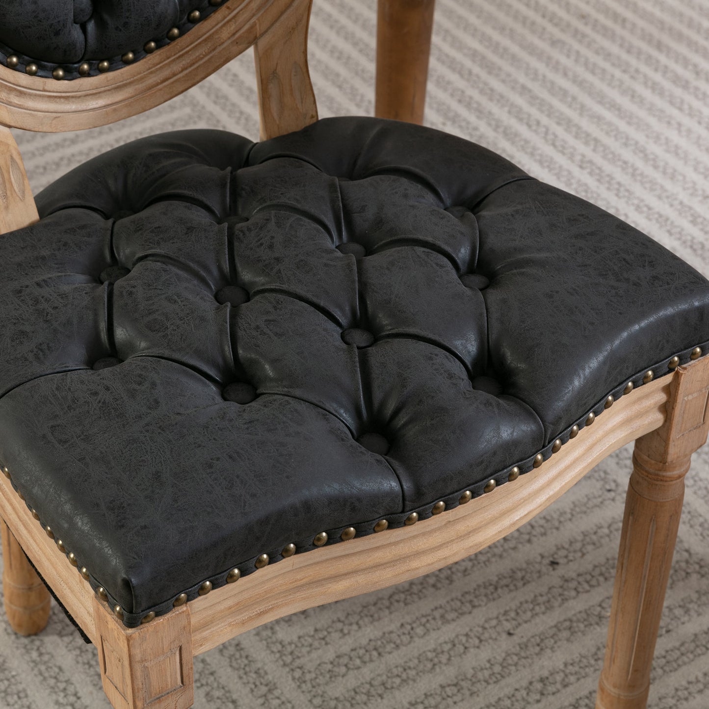 French Style Solid Wood Frame Dining Chairs Set of 2 with PU Leather, Nailhead Trim, Rubberwood, Black