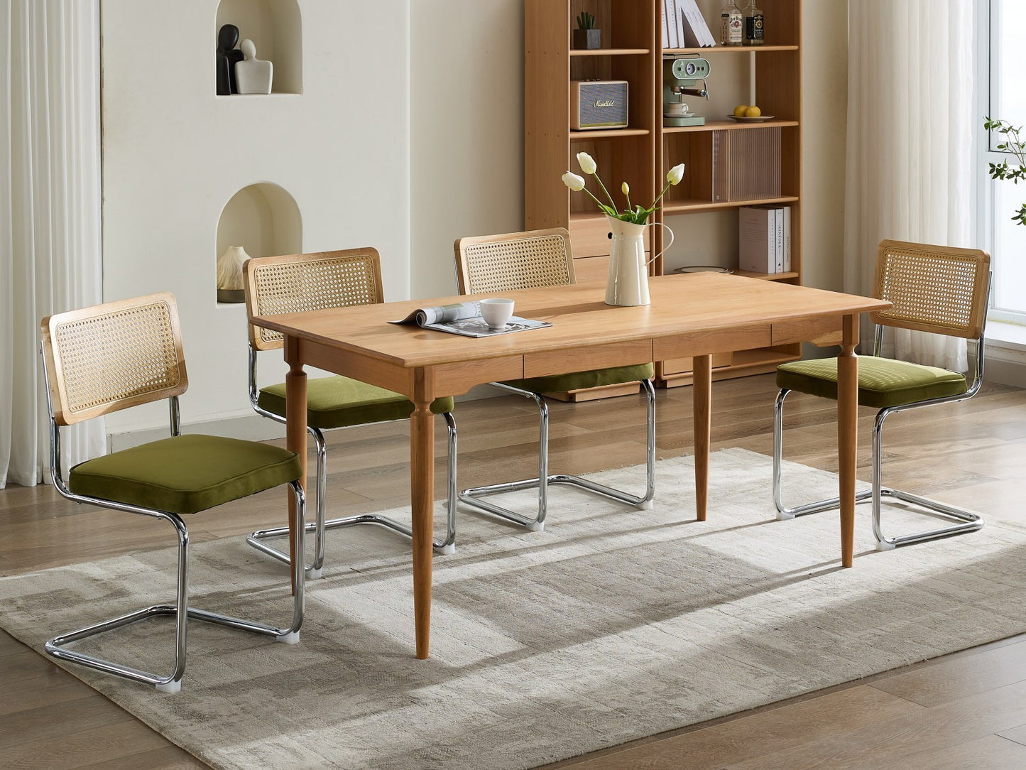 Set of 2 Velvet Dining Chairs with Rattan Back and Cantilever Chrome Base, Mid-Century Style, Olive Green