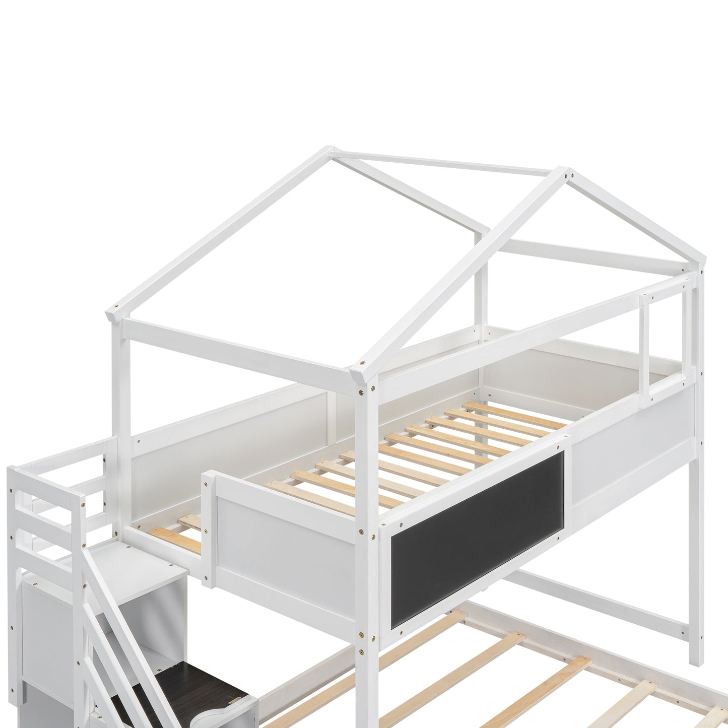 Whimsical Twin over Full House Bunk Bed with Storage Steps and Blackboard, White