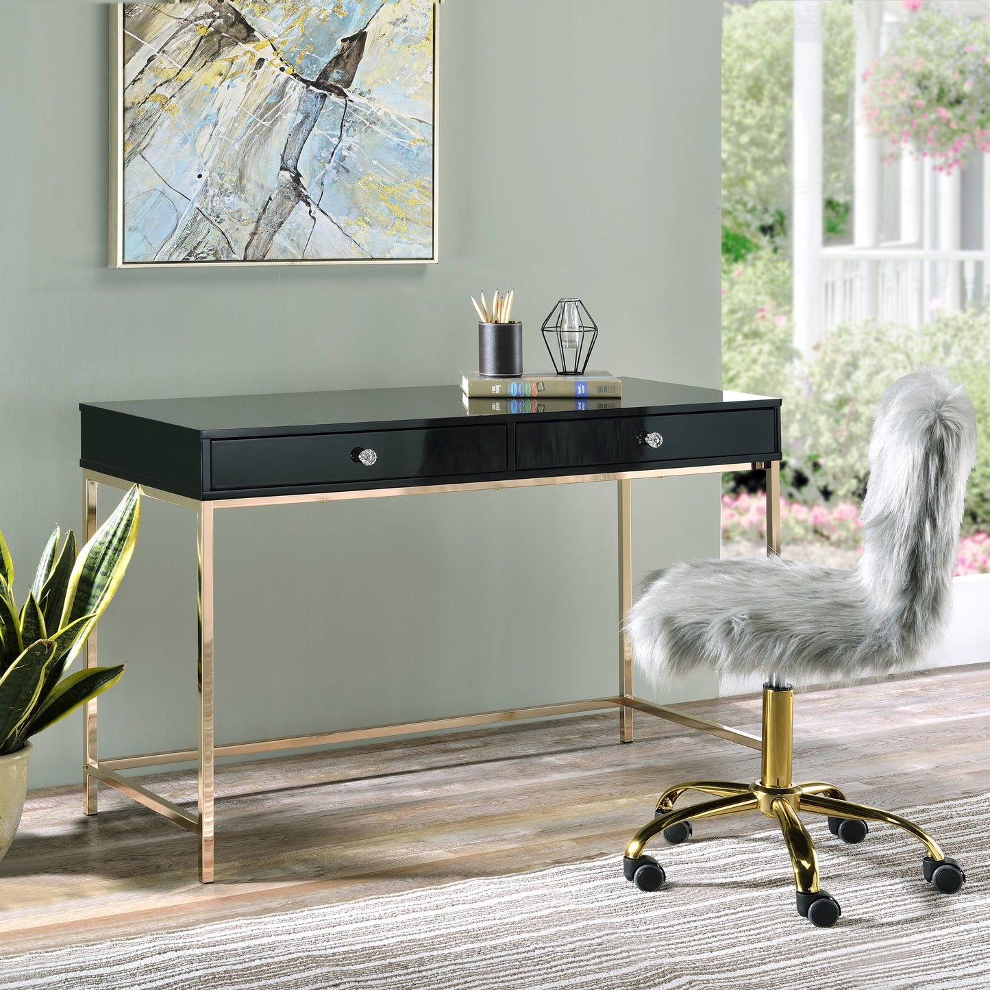 Contemporary Black and Gold Two-Drawer Office Writing Desk