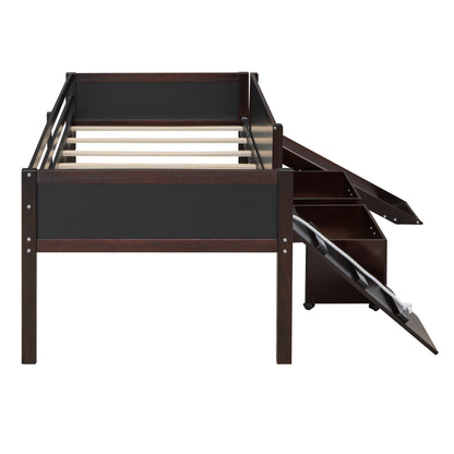 Espresso Twin Loft Bed with Slide and Storage Bins