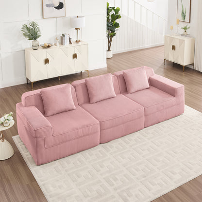 Modular 3-Seat Boneless Sofa with Corduroy Fabric, Cloud-Style Modern Sectional, Throw Pillows, Pink