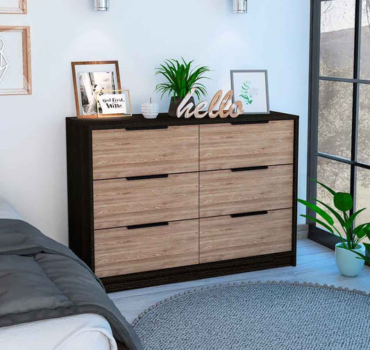 Longhill Modern 6-Drawer Dresser in Black Wengue and Pine