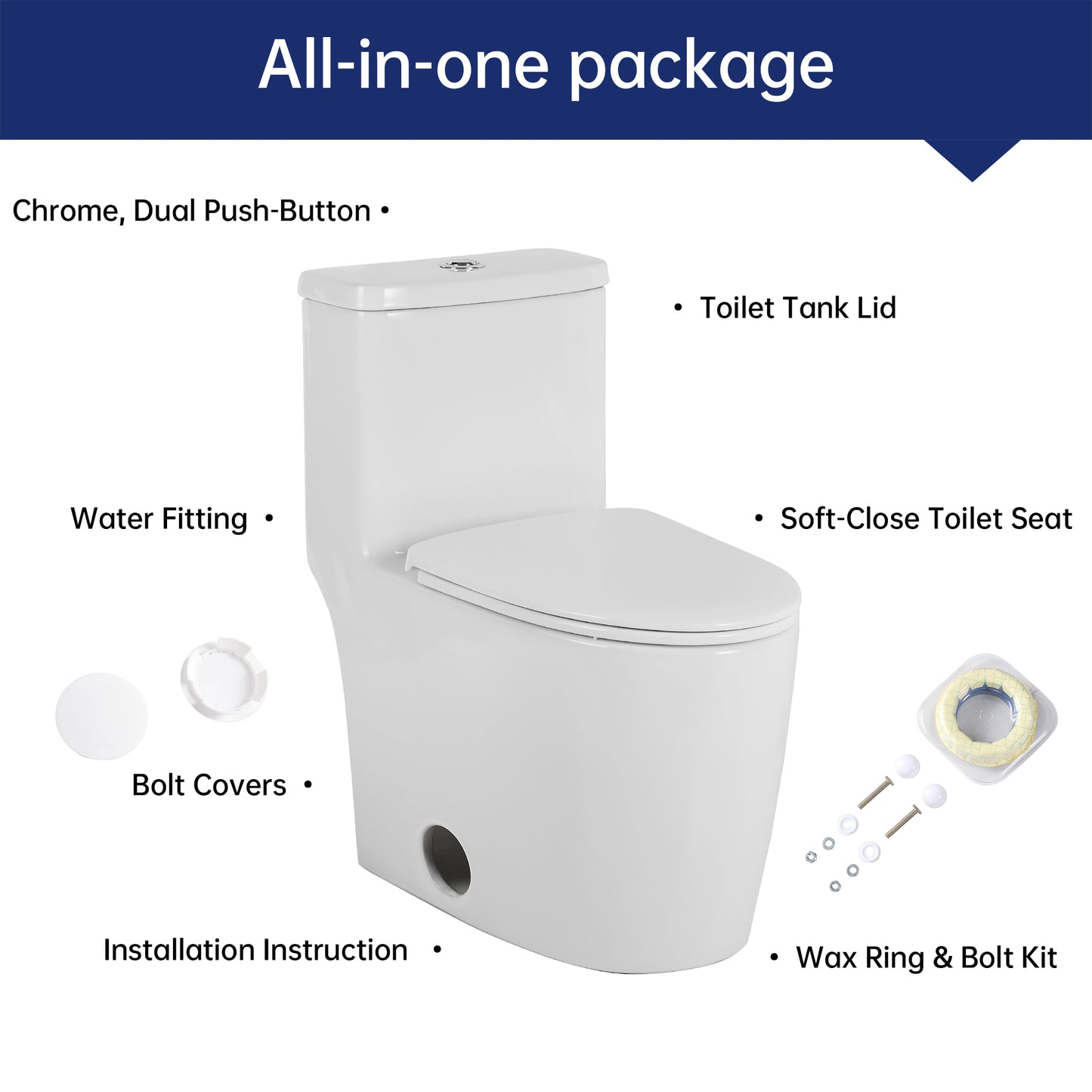 Comfort Height Elongated One-Piece Toilet with Dual-Flush System, CUPC & WaterSense Certified, Ceramic, White, Soft Close Seat, T036WT