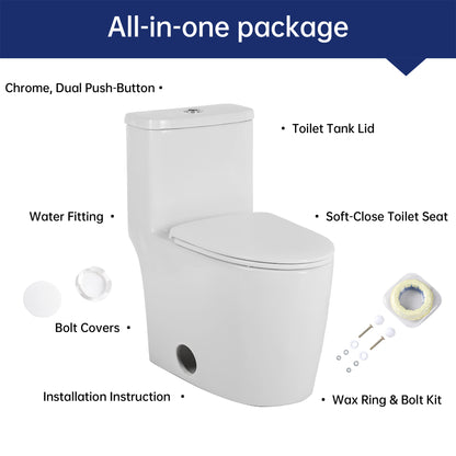 Comfort Height Elongated One-Piece Toilet with Dual-Flush System, CUPC & WaterSense Certified, Ceramic, White, Soft Close Seat, T036WT