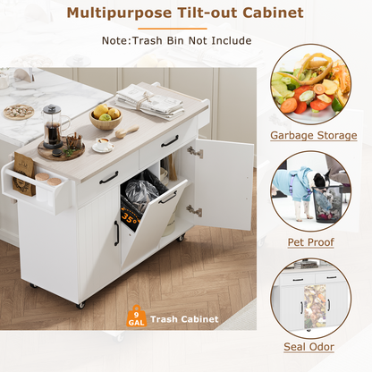 Rolling White Kitchen Island with Drop Leaf and Tilt-out Trash Can Storage, Spice Rack & Towel Rack