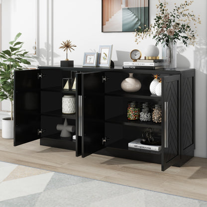 TREXM Sideboard with 4 Doors Large Storage Space Buffet Cabinet with Adjustable Shelves and Silver Handles for Kitchen, Dining Room, Living Room (Black)