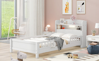 Elegant White Twin Platform Bed with LED Light, Storage Headboard, and Safety Guardrails
