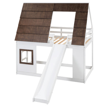 Wooden Twin House Bunk Bed with Roof, Ladder, and Slide in White and Brown