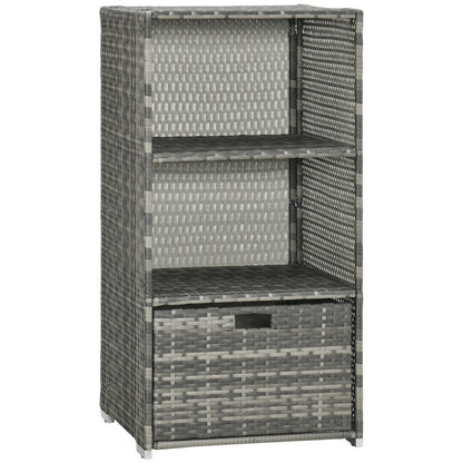 Pool Towel Rack With 2 Shelves And Basket Drawer, Waterproof PE Plastic Rattan Wicker Storage For Spa And Hot Tub, Gray