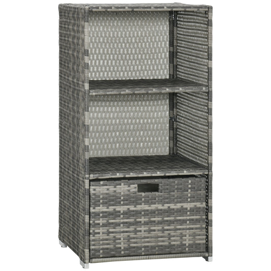 Pool Towel Rack With 2 Shelves And Basket Drawer, Waterproof PE Plastic Rattan Wicker Storage For Spa And Hot Tub, Gray