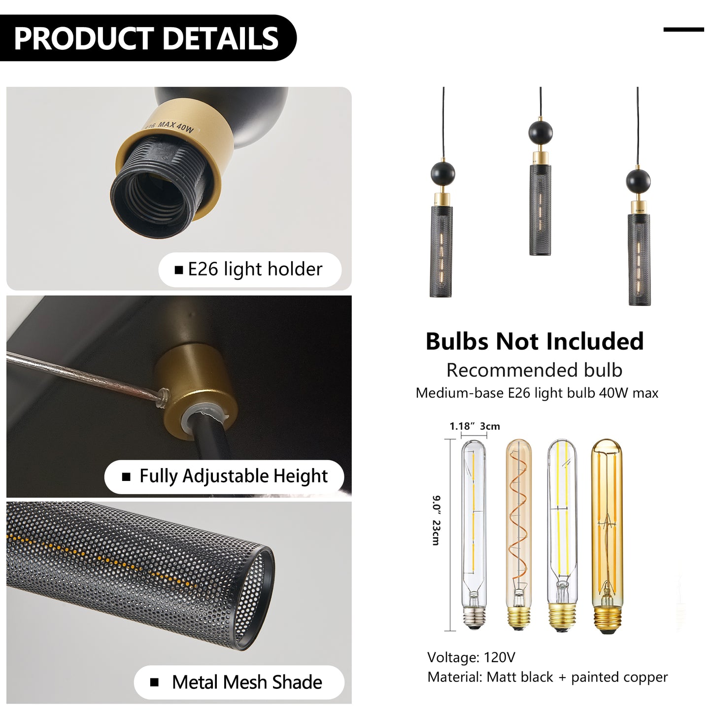 3-Light Pendant with Mesh Shades, Adjustable, E26 Base, Dining Room, Kitchen Island — Black & Gold Finish