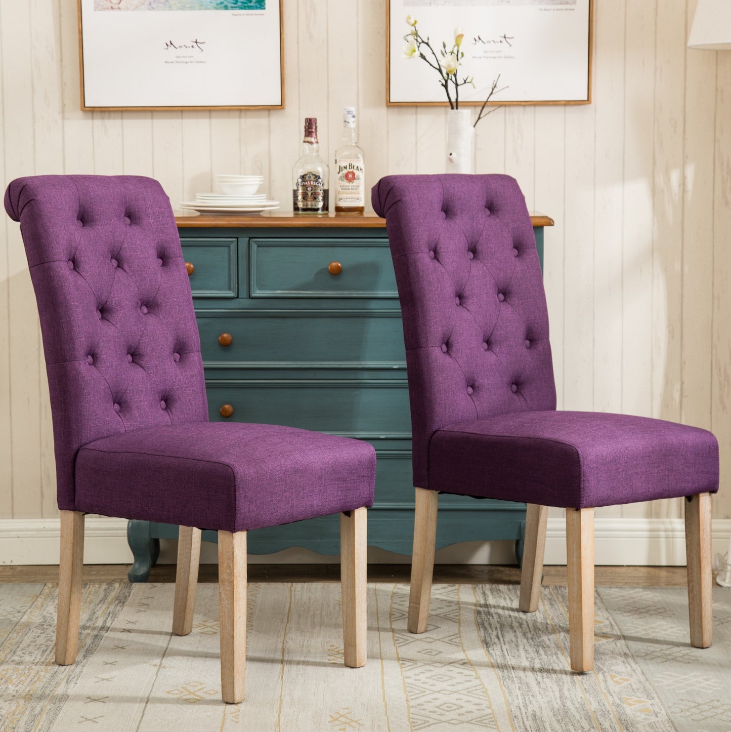 Solid Wood Tufted Parsons Dining Chair, Set of 2, 200 lb Capacity, Oak Finish, Polyester, Purple