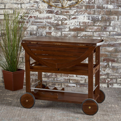 Tillary Drop Leaf Outdoor Bar Cart With Wine Rack Oak Finish