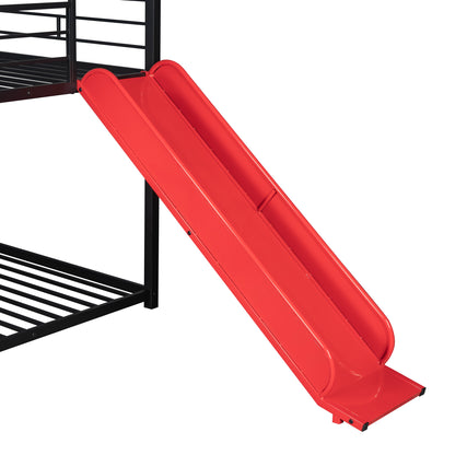 Twin Over Twin Metal Bunk Bed with Fun Slide – Available in Three Chic Colors (Black/Red, Black/Black, White/White)