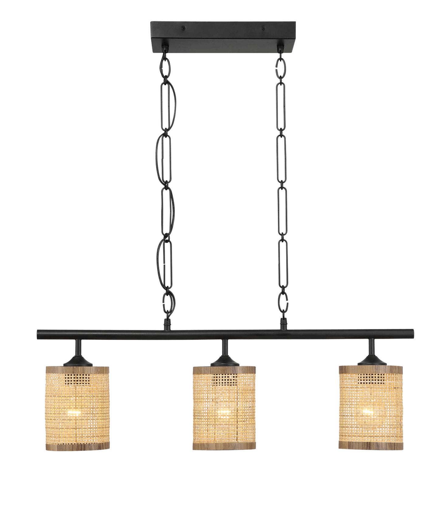 Three-Light Island Ceiling Lamp with Natural Rattan Shade, Farmhouse Chain Fixture for Dining Room Black