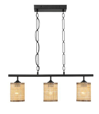 Three-Light Island Ceiling Lamp with Natural Rattan Shade, Farmhouse Chain Fixture for Dining Room Black