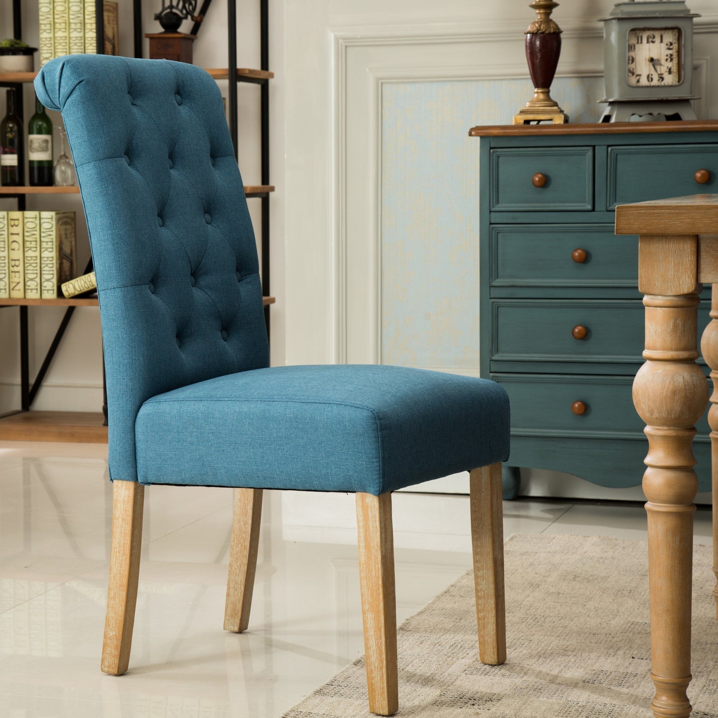 Solid Wood Parsons Dining Chair Set of 2, Tufted Upholstered 26W x 18D x 39.2H in, Oak Finish, Blue
