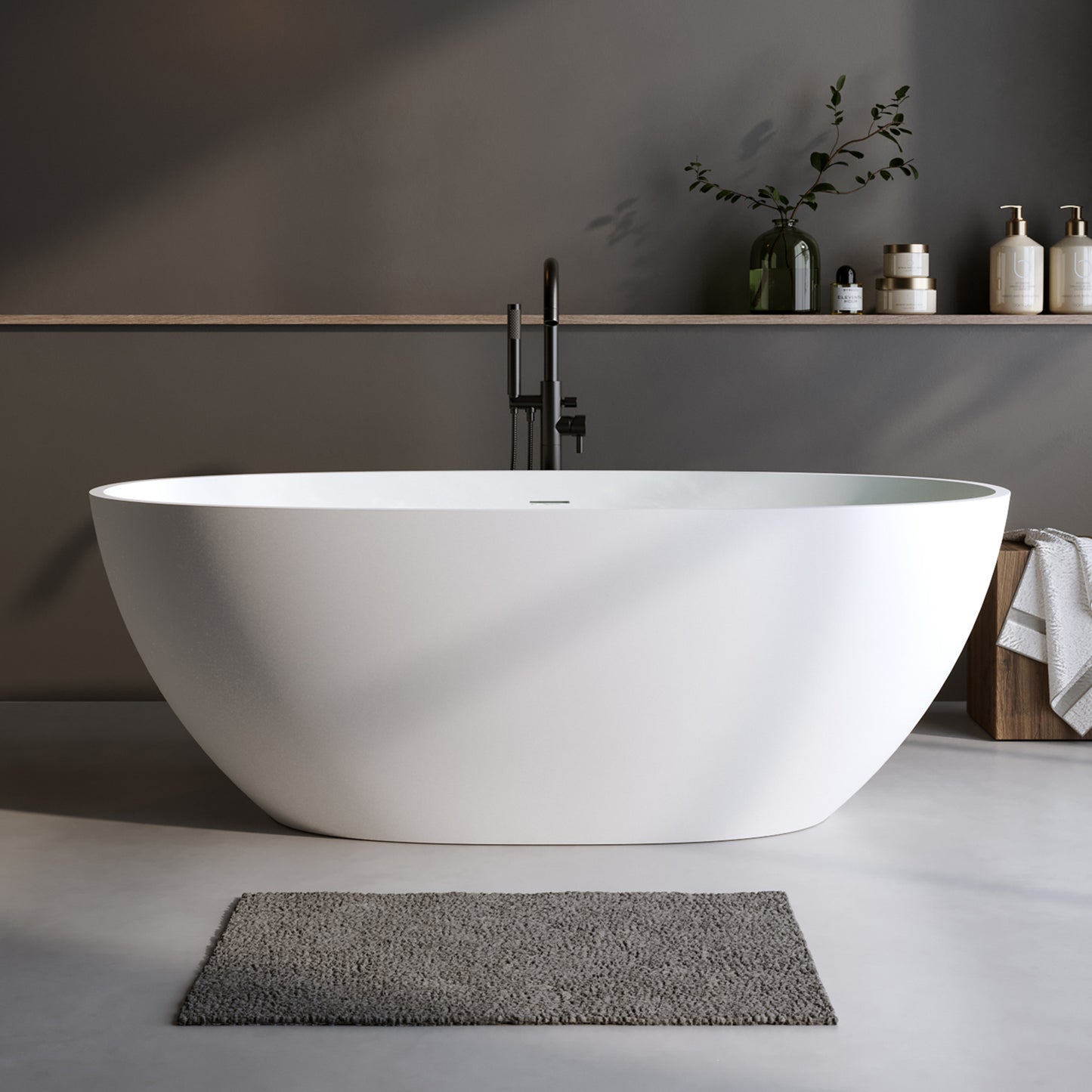 59'' Oval Matte White Solid Surface Freestanding Soaking Tub with Center Drain and Pop-up Drain System