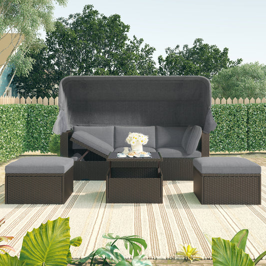 Outdoor Rectangle Daybed With Retractable Canopy Wicker Rattan Sectional Washable Cushions For Backyard Porch Gray